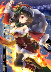 Rule 34 | 1girl, ahoge, bell, black hair, black thighhighs, boots, bow, breasts, christmas, cleavage, detached sleeves, dress, fire, flower knight girl, green bow, green scarf, hat, hat bow, highres, knee boots, large breasts, miniskirt, mizunashi (second run), momiji (flower knight girl), one eye closed, red dress, red eyes, red footwear, red hat, sack, santa costume, santa hat, scarf, short hair, skirt, solo, thighhighs, thighhighs under boots