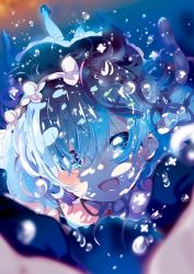 Rule 34 | 10s, 1girl, :d, air bubble, aloe (kenkou3733), blue eyes, blue hair, blue theme, blurry, blush, bubble, depth of field, detached sleeves, downblouse, dress, eyelashes, freediving, hair between eyes, hair ornament, hair over one eye, hairband, hairclip, happy, highres, looking at viewer, maid, matching hair/eyes, open mouth, outstretched arms, pantyhose, re:zero kara hajimeru isekai seikatsu, rem (re:zero), shade, short hair, smile, solo, submerged, underwater, water, white pantyhose, x hair ornament