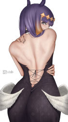 Rule 34 | ass, back, back focus, backless dress, backless outfit, bare back, bare shoulders, dress, extra ears, fingernails, hair ornament, highres, hololive, hololive english, looking at viewer, looking back, louis vuitton (brand), low wings, ninomae ina&#039;nis, purple hair, vialle, virtual youtuber, white background, wings