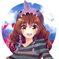 Rule 34 | 1girl, :d, brown eyes, brown hair, close-up, heart, hood, looking at viewer, open mouth, original, petals, shirt, smile, solo, squchan, striped clothes, striped shirt, transparent background