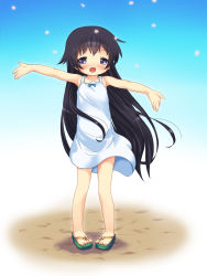 Rule 34 | 1girl, :d, anyannko, bad id, bad pixiv id, black hair, blush, child, dress, flip-flops, highres, long hair, nose blush, open mouth, original, outstretched arms, petals, pigeon-toed, purple eyes, sandals, skirt, smile, solo, spread arms, very long hair, white skirt