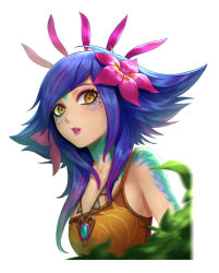 Rule 34 | 1girl, bare shoulders, blue hair, eyelashes, flower, gradient hair, hair flower, hair ornament, jewelry, league of legends, lipstick, looking at viewer, makeup, mascara, medium hair, monster girl, multicolored hair, necklace, neeko (league of legends), nhaliz, parted lips, purple lips, simple background, solo, tank top, two-tone hair, upper body, white background, yellow eyes