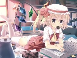 Rule 34 | 1girl, ascot, ass, bad id, bad pixiv id, bat (animal), bed, blonde hair, blush, book, bookmark, bookshelf, checkerboard cookie, cookie, cup, eating, feet, flandre scarlet, food, food in mouth, francis de lariatte, glass, hat, lamp, lying, mouth hold, on bed, on stomach, open book, panties, pantyshot, red eyes, shelf, short hair, side ponytail, skirt, skirt set, solo, sunlight, sweets, tea, teacup, teapot, thighhighs, touhou, tray, underwear, upskirt, water, white panties, white thighhighs, window, wings