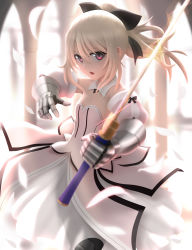 Rule 34 | 1girl, artoria pendragon (fate), black bow, blonde hair, blurry, blurry background, bow, commentary, cosplay, detached collar, detached sleeves, dress, excalibur (fate/stay night), fate/kaleid liner prisma illya, fate (series), flat chest, gauntlets, hair bow, highres, holding, holding sword, holding weapon, illyasviel von einzbern, long hair, looking at viewer, open mouth, petals, pink eyes, ponytail, saber lily, saber lily (cosplay), siraha, solo, sword, weapon, white dress