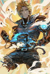 Rule 34 | 1boy, akumey, angry, belt, black sclera, blonde hair, brown hair, charging, colored sclera, commentary request, cyborg, damaged, denim, earrings, energy, genos, highres, injury, jeans, jewelry, male focus, mechanical parts, one-punch man, pants, shirt, short hair, solo, torn clothes, torn jeans, torn pants, torn shirt, yellow eyes