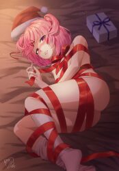 Rule 34 | 1girl, absurdres, artist name, ass, bob cut, box, breasts, christmas, christmas present, commentary, doki doki literature club, from above, fur-trimmed headwear, fur trim, gift, gift box, hair ornament, hair ribbon, hat, highres, holding, holding ribbon, imucy, legs, light particles, looking at viewer, looking up, lying, naked ribbon, natsuki (doki doki literature club), no shoes, on bed, on side, parted lips, pink eyes, pink hair, pom pom (clothes), red hat, red ribbon, ribbon, santa hat, short hair, signature, small breasts, socks, solo, two side up, unworn hat, unworn headwear, white socks, x hair ornament