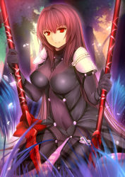 Rule 34 | 1girl, absurdres, armor, bodysuit, breasts, covered navel, fate/grand order, fate (series), gae bolg (fate), gu li, highres, holding, holding weapon, large breasts, long hair, looking at viewer, open mouth, pauldrons, polearm, purple bodysuit, purple hair, red eyes, scathach (fate), scathach (fate), shoulder armor, sitting, skin tight, smile, solo, spear, wariza, weapon