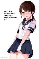 Rule 34 | 1girl, absurdres, blue sailor collar, blue skirt, blush, brown eyes, brown hair, commentary request, cowboy shot, highres, himura moritaka, kantai collection, looking at viewer, low twintails, nose blush, pleated skirt, sailor collar, sailor shirt, school uniform, serafuku, shirayuki (kancolle), shirt, short hair, skirt, skirt hold, solo, translation request, twintails, twitter username, white shirt