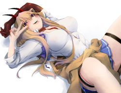 Rule 34 | 1girl, azur lane, bad id, bad pixiv id, beige sweater, blonde hair, bow, breasts, brown gloves, cleavage, clothes around waist, covered erect nipples, elbow gloves, gloves, gyaru, hair between eyes, highres, horns, kumano (azur lane), large breasts, long hair, lying, miniskirt, neckwear between breasts, nmz (namazu), on back, oni horns, partially unbuttoned, pleated skirt, purple bow, purple eyes, red neckwear, see-through, sharp teeth, shirt, single elbow glove, skirt, solo, sweater, sweater around waist, teeth, thighlet, v, white shirt