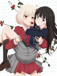 Rule 34 | 2girls, black footwear, black hair, blonde hair, carrying, checkered background, commentary request, food, food in mouth, fruit, gangshangguang (smjy5842), grid background, highres, inoue takina, light blush, long hair, looking at another, looking to the side, lycoris recoil, lycoris uniform, medium hair, multiple girls, nishikigi chisato, orange eyes, princess carry, puckered lips, purple eyes, shoes, simple background, skirt, strawberry, strawberry plant, sweatdrop, white background, yuri