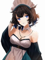 Rule 34 | 1girl, absurdres, arknights, bare shoulders, black hair, blue eyes, blue lips, breasts, commentary request, detached collar, detached sleeves, dress, gupipy, head tilt, highres, jewelry, kjera (arknights), kjera (ingenious servant) (arknights), large breasts, maid, maid headdress, official alternate costume, pendant, short hair, simple background, solo, strapless, strapless dress, upper body, white background, white dress