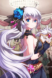 Rule 34 | 1girl, backless dress, backless outfit, bare shoulders, belt, blue eyes, blue rose, blush, dress, flower, gloves, highres, indoors, jewelry, long hair, looking back, lots of jewelry, mask, unworn mask, masquerade, purple hair, rose, sigma (sword girls), silver hair, solo focus, sword girls, very long hair, wooni