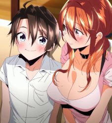 Rule 34 | 1boy, 1girl, age difference, black choker, blue eyes, blush, bra strap, breasts, brown hair, choker, cleavage, closed mouth, girls rush, height difference, highres, hinano (girls rush), large breasts, looking at another, orange hair, pink eyes, pink shirt, screencap, shirt, sitting, stitched, suihei sen, third-party edit, twintails, white shirt