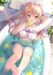Rule 34 | 1girl, animal ear fluff, animal ears, arm up, armpits, bathtub, bikini, braid, breasts, brown eyes, collarbone, commentary request, feet, food, food in mouth, frilled bikini, frills, from above, fruit, hair between eyes, highres, holding, holding food, indoors, lemon, lemon slice, long hair, medium breasts, mikeou, navel, original, popsicle, popsicle in mouth, solo, swimsuit, tail, toes, twin braids, twintails, white bikini, wooden floor