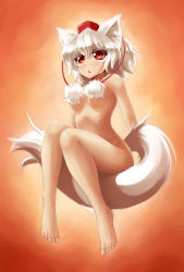 Rule 34 | 1girl, :o, animal ears, barefoot, breasts, censored, convenient censoring, female focus, hat, highres, inubashiri momiji, mazume, nude, open mouth, pom pom (clothes), red eyes, sitting, solo, tail, tokin hat, touhou, white hair, wolf ears, wolf tail