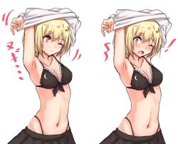 Rule 34 | !, 1girl, amagi (amagi626), armpits, black bra, black skirt, blonde hair, blush, bra, breasts, check translation, cleavage, collarbone, commentary request, crescent, crescent hair ornament, crescent print, frilled bra, frills, front-tie bra, hair between eyes, hair ornament, long sleeves, looking at viewer, lunasa prismriver, medium breasts, multiple views, navel, one eye closed, open mouth, pleated skirt, shirt, short hair, simple background, skindentation, skirt, standing, stomach, touhou, translation request, underwear, undressing, upper body, white background, white shirt, yellow eyes