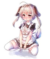 Rule 34 | 1girl, ahoge, animal ears, apron, black dress, blush, brown eyes, brown hair, dog ears, dog tail, dress, highres, kosobin, long hair, maid, open mouth, original, simple background, solo, spread legs, squatting, tail, thighhighs, twintails, white background, white thighhighs