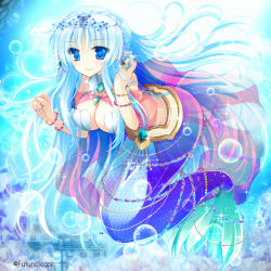 Rule 34 | 1girl, blue eyes, blue hair, blush, braid, breasts, bubble, cleavage, female focus, full body, gradient background, jewelry, kannon ouji, large breasts, long hair, lots of jewelry, matching hair/eyes, mermaid, monster girl, original, pointy ears, smile, solo, sparkle, underwater, water