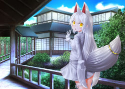 Rule 34 | 10s, 1girl, animal ears, architecture, blue sky, cloud, commentary request, day, east asian architecture, extra ears, eyes visible through hair, fox ears, fox tail, gloves, highres, kakutasu (akihiron cactus), kemono friends, long hair, looking at viewer, looking back, oinari-sama (kemono friends), open mouth, orange eyes, outdoors, silver hair, skirt, sky, solo, tail, tail ornament, very long hair, white gloves