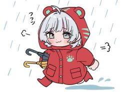 Rule 34 | 1girl, :3, ahoge, animal ear hood, blush, boots, carrying, carrying under arm, chibi, closed mouth, coat, commentary request, fake animal ears, full body, grey eyes, grey hair, highres, holding, holding umbrella, hood, hood up, ishigami nozomi, kashikaze, long hair, long sleeves, multicolored hair, nijisanji, no heterochromia, rain, raincoat, red coat, red hair, rubber boots, smile, solo, two-tone hair, umbrella, virtual youtuber, walking, white background