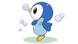 Rule 34 | blue eyes, bubble, closed mouth, commentary request, creature, creatures (company), from side, full body, game freak, gen 4 pokemon, nintendo, no humans, official art, piplup, pokemon, pokemon (creature), project pochama, solo, tiptoes, toes, white background