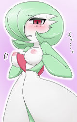 Rule 34 | 1girl, a.k.o.t., absurdres, blush, bob cut, breasts, clenched teeth, colored skin, cowboy shot, creatures (company), embarrassed, female focus, flashing, game freak, gardevoir, gen 3 pokemon, green hair, green skin, hair over one eye, half-closed eyes, highres, japanese text, looking at viewer, medium breasts, multicolored skin, nintendo, nipples, nose blush, one eye covered, outline, pink background, pokemon, pokemon (creature), red eyes, short hair, simple background, solo, standing, sweat, teeth, translated, two-tone skin, white outline, white skin