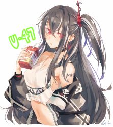 Rule 34 | 1girl, azur lane, bad id, bad pixiv id, black hair, character name, earrings, highres, jacket, jewelry, long hair, looking at viewer, mi 398, milk carton, navel, off shoulder, one side up, parted lips, red eyes, simple background, solo, stomach, tank top, tattoo, twitter username, u-47 (azur lane), u-47 (rookie rider) (azur lane), upper body, white background