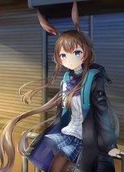 Rule 34 | 1girl, absurdres, amiya (arknights), animal ears, arknights, bad id, bad pixiv id, black jacket, blue eyes, blue neckwear, blue skirt, blush, brown footwear, brown hair, commentary request, cowboy shot, highres, jacket, jewelry, long hair, long sleeves, looking at viewer, miniskirt, narebi, neck ring, open clothes, open jacket, pantyhose, pleated skirt, rabbit ears, shirt, skirt, solo, standing, very long hair, white shirt