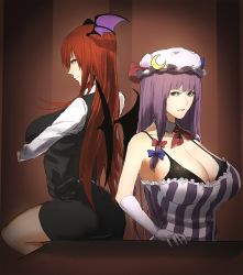 Rule 34 | 2girls, back-to-back, bat wings, black bra, bow, bra, breasts, cleavage, detached collar, dress, gloves, hair bow, hair ornament, hat, head wings, huge breasts, koakuma, long hair, long sleeves, looking at viewer, minami koyogi, mob cap, multiple girls, pantyhose, patchouli knowledge, profile, purple eyes, purple hair, red eyes, red hair, shirt, skirt, skirt set, smile, strapless, strapless dress, striped clothes, striped dress, touhou, underwear, vest, white gloves, wings