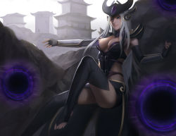 Rule 34 | 1girl, absurdres, armor, armpits, black gloves, black thighhighs, blue eyes, breasts, cleavage, ear protection, elbow gloves, energy ball, female focus, fingerless gloves, forehead jewel, forehead protector, gloves, helmet, highres, hou akira, jewelry, league of legends, long hair, looking away, medium breasts, no shoes, parted lips, pauldrons, shoulder armor, sitting, smile, solo, syndra, thighhighs, toeless legwear, toes, vambraces, white hair