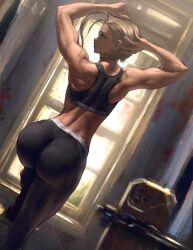 Rule 34 | 1girl, ass, bare shoulders, blonde hair, cammy white, crop top, from behind, hand on own head, infi, pants, short hair, sleeveless, street fighter, street fighter 6, window