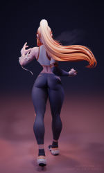 Rule 34 | 1girl, 3d, abs, absurdres, bandages, black footwear, black leggings, blender (medium), blonde hair, bra, brass knuckles, cleavage cutout, clothing cutout, fighting stance, from behind, full body, glasgow smile, gradient background, highres, leggings, long hair, monster girl, muscular, muscular female, ninjason chan, scar, scar on face, scar on nose, sharp teeth, simple background, skin tight, solo, sports bra, sportswear, standing, stomach, tanya (jeremy anninos), teeth, underwear, weapon, white bra