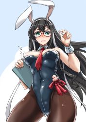 Rule 34 | 1girl, adapted costume, alternate costume, animal ears, black hair, black pantyhose, blue background, blue leotard, breasts, cowboy shot, detached collar, fake animal ears, from below, glasses, green eyes, highres, kantai collection, leotard, long hair, looking at viewer, medium breasts, necktie, ooyodo (kancolle), pantyhose, playboy bunny, rabbit ears, rabbit tail, red necktie, semi-rimless eyewear, solo, strapless, strapless leotard, tail, under-rim eyewear, vt (ytoh02), wrist cuffs