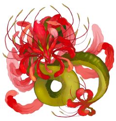 Rule 34 | animal, animal focus, dragon, eastern dragon, flower, full body, green eyes, highres, looking at viewer, no humans, omarumaru, original, red flower, simple background, solo, spider lily, white background