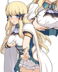 Rule 34 | 1girl, armor, ascot, black bow, black dress, blonde hair, blue eyes, blush, bow, breast hold, breasts, brooch, cape, commentary request, dress, elf, faulds, hair bow, hair ornament, index finger raised, jewelry, large breasts, long hair, looking at viewer, multiple views, open mouth, outstretched arm, pointy ears, princess connect!, saren (princess connect!), shiseki hirame, sidelocks, simple background, skirt, underbust, white background, white cape, white skirt, wrist cuffs