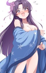 Rule 34 | 1girl, absurdres, blue archive, blush, breasts, cleavage, collarbone, cowboy shot, fang, fingernails, flower, golmonggu, grey nails, hair flower, hair ornament, halo, haori, highres, japanese clothes, korean commentary, large breasts, long hair, long sleeves, looking at viewer, nail polish, open mouth, pink flower, purple eyes, purple hair, purple halo, simple background, skin fang, solo, white background, wide sleeves, yukari (blue archive)