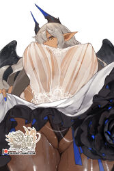 1girl absurdres artist_logo black_panties black_wings blue_nails cameltoe clothes_lift covered_erect_nipples dark-skinned_female dark_skin demon_girl dress frills from_below grey_hair hair_over_one_eye highres horns hu_dako logo long_hair looking_at_viewer mole mole_on_pussy mole_under_eye nail_polish original panties partially_visible_vulva patreon_username pointy_ears pussy_juice see-through_clothes see-through_dress skirt skirt_lift solo sweat thick_thighs thighs two-tone_skirt underwear very_sweaty white_background white_dress wings yellow_eyes