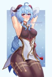 Rule 34 | 1girl, ahoge, armpits, arms behind head, arms up, artist name, bare shoulders, blue hair, blush, bodystocking, breasts, commentary, cowboy shot, detached sleeves, eromin, ganyu (genshin impact), genshin impact, hair between eyes, high-waist skirt, highres, horns, large breasts, long hair, looking at viewer, nose blush, pink lips, purple eyes, skirt, smile, solo, thick thighs, thighs, twitter username, very long hair, white skirt