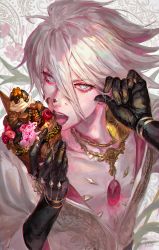 Rule 34 | 1boy, absurdres, bishounen, blue eyes, chest jewel, chromatic aberration, earrings, eating, egawa akira, fate/grand order, fate (series), flower, food, food on face, gloves, hair between eyes, highres, ice cream, jewelry, karna (fate), looking at viewer, male focus, necklace, open mouth, shirt, silver hair, solo, white shirt