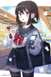 Rule 34 | 1girl, artist name, bad id, bad pixiv id, bag, black bag, black hair, black skirt, black thighhighs, blush, breasts, bug, butterfly, cellphone, commentary, copyright request, food, fruit, hair ornament, hairclip, highres, holding, holding bag, holding phone, insect, looking at viewer, mole, mole under eye, mole under mouth, nail polish, outdoors, phone, pink nails, purple eyes, shirt, short hair, skirt, small breasts, solo, station, strawberry, thighhighs, urim (paintur), white shirt