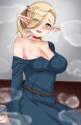 Rule 34 | 1girl, areola slip, belt, blonde hair, blue dress, blush, braid, breasts, choker, cleavage, collarbone, dress, dress slip, dungeon meshi, elf, eyelashes, green eyes, hair over one eye, indoors, kenja panda, large breasts, long sleeves, looking at viewer, marcille donato, nervous smile, open mouth, pointy ears, red choker, shiny skin, single bare shoulder, sitting, smile, solo, steam, sweat