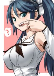 Rule 34 | 10s, 1girl, ?, aqua eyes, blue hair, breasts, detached sleeves, fang, finger in own mouth, from side, hair ribbon, isuzu (kancolle), kantai collection, large breasts, long hair, looking at viewer, minarai zouhyou, open mouth, ribbon, school uniform, serafuku, solo, spoken question mark, twintails, upper body