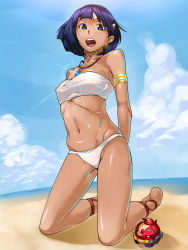 Rule 34 | 1990s (style), 1girl, ankle lace-up, armband, bad id, bad pixiv id, bare shoulders, barefoot, beach, blue eyes, blue hair, bob cut, cloud, cross-laced footwear, cross-laced sandals, dark-skinned female, dark skin, day, earrings, from below, fushigi no umi no nadia, gratan (nadia), hair ornament, hairclip, highres, hoop earrings, jewelry, kneeling, matching hair/eyes, military, military vehicle, motor vehicle, nadia la arwall, navel, necklace, ocean, ojo (dfreak), open mouth, outdoors, panties, retro artstyle, revision, short hair, sky, smile, solo, strapless, tank, toy, tube top, underwear, vehicle