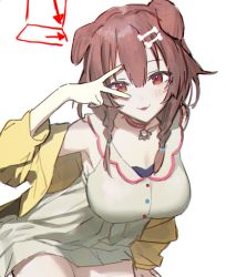 Rule 34 | 1girl, :3, animal ears, arrow (symbol), blush, bone hair ornament, braid, breasts, brown eyes, brown hair, choker, dog ears, dog girl, dress, hair ornament, highres, hololive, inugami korone, inugami korone (1st costume), jacket, large breasts, logknn, looking at viewer, low twin braids, open clothes, open jacket, parted lips, pink choker, simple background, solo, twin braids, v, v over eye, virtual youtuber, white background, white dress, yellow jacket