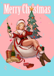 Rule 34 | 1girl, absurdres, alcohol, belt, black belt, blonde hair, blue eyes, boots, bottle, box, brown footwear, buckle, can, cat, champagne, christmas, christmas ornaments, christmas tree, coca-cola, dress, drink can, drunk, fur-trimmed boots, fur-trimmed headwear, fur-trimmed sleeves, fur trim, gift, gift box, highres, holding, long hair, merry christmas, nasaca, original, product placement, red dress, sack, santa costume, simple background, sitting, sleeping animal, soda can, solo, white background