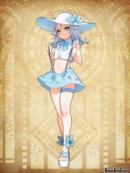 Rule 34 | 1boy, ankle bow, ankle ribbon, blue bow, blue skirt, bow, bowtie, bracelet, crop top, floral print, full body, grey hair, hat, hat bow, jewelry, leg ribbon, long hair, looking at viewer, morino bambi, navel, original, pandora party project, ribbon, skirt, sleeveless, smile, standing, sun hat, suspenders, thigh strap, toeless footwear, trap, white hat, yellow background, yellow eyes