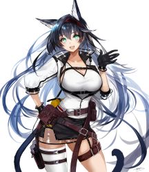 Rule 34 | 1girl, :d, absurdres, animal ear fluff, animal ears, apt, aqua eyes, arknights, belt buckle, belt pouch, black gloves, black hair, black skirt, blaze (arknights), blue hair, breasts, buckle, cat ears, cat girl, cat tail, cleavage, collarbone, contrapposto, cowboy shot, female focus, gloves, gradient hair, hairband, hand on own hip, highres, jacket, large breasts, long hair, long sleeves, looking at viewer, miniskirt, multicolored hair, open clothes, open jacket, open mouth, pouch, red hairband, see-through, shirt, simple background, single thighhigh, skirt, smile, solo, tail, thigh strap, thighhighs, underbust, very long hair, white background, white jacket, white shirt, white thighhighs