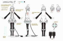 Rule 34 | 1boy, ahoge, androgynous, bare shoulders, black footwear, black leggings, black sleeves, black trim, blue eyes, bob cut, boots, buttons, character name, character sheet, closed mouth, color guide, detached sleeves, english text, expressionless, from behind, full body, glowing, green eyes, headphones, heterochromia, highres, huge ahoge, leggings, light blush, looking at viewer, male focus, mars symbol, multiple views, outstretched arms, patterned legwear, profile, shirt, short hair, simple background, solo, spread arms, standing, tail, turnaround, twitter username, usb, utatane piko, vocaloid, wai1010, white background, white hair, white shirt
