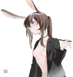 Rule 34 | 1girl, animal ears, blue eyes, breasts, brown hair, rabbit ears, choker, female focus, highres, kaede (shijie heping), mechanical pencil, nipples, open clothes, open shirt, original, pencil, ponytail, simple background, small breasts, solo, white background