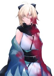Rule 34 | 1girl, absurdres, ahoge, black bow, black scarf, blonde hair, blood, blood in hair, blood on clothes, blood on face, bow, breasts, closed mouth, commentary request, fate/grand order, fate (series), hair between eyes, hair bow, highres, japanese clothes, kimono, koha-ace, long sleeves, looking at viewer, obi, off shoulder, okita souji (fate), okita souji (koha-ace), open clothes, sash, scarf, simple background, sleeveless, sleeveless kimono, sleeves past fingers, sleeves past wrists, small breasts, solo, white background, white kimono, yellow eyes, yuki maccha (yukimattya10)